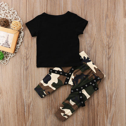 Summer Short-sleeved Black Top Casual Camouflage Pants Boys Suit