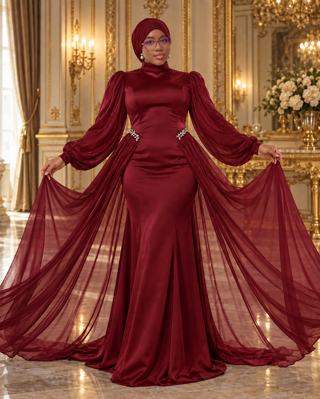 Bilqis — Robe de soirée cape ceinturée, Bordeaux