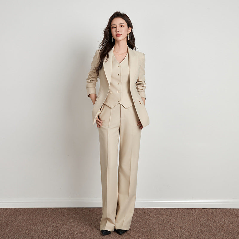 Ensemble Beige Style Britannique Pantalon Large Femme