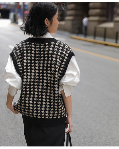 🖤 Diarria – Gilet tricoté à carreaux pied-de-poule