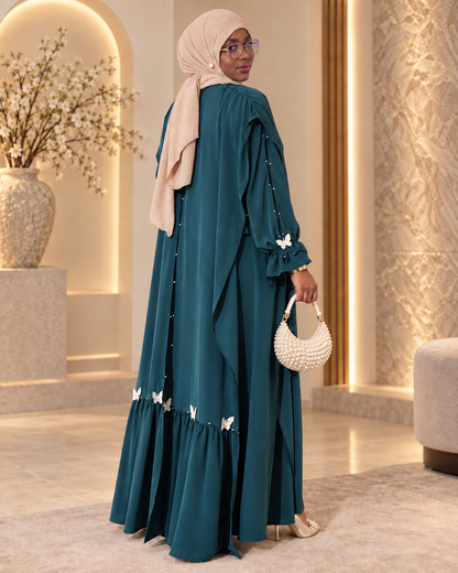 Maryam — Robe cape perlée aux papillons, Pétrole