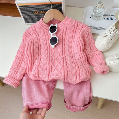 Look Douillet Rose  Pull Tricoté & Jean Confort Fille
