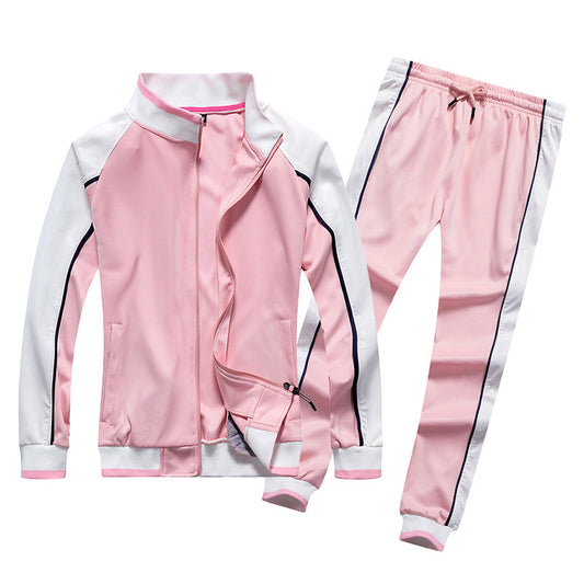 Amazon Autumn And Winter New Ladies Sports Suit Texture Thread Stand Collar Fashion Color Matching Two-Piece Zipper Cardigan