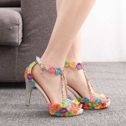 10 Cm Fish Mouth Beaded Rhinestone Platform High-Heeled Sandals Platform Sandals Stiletto Lace Beaded Wedding Shoes