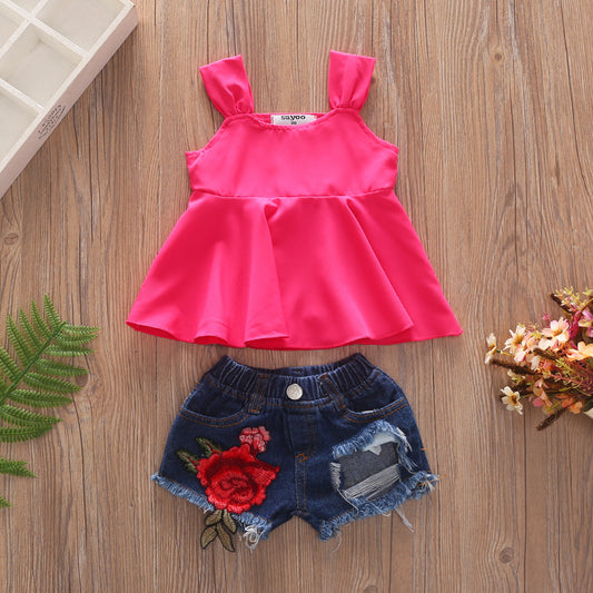 🔥 Ensemble Fille Débardeur Rose & Short Jean Déchiré – Look Tendance