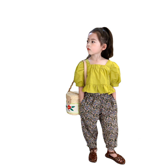Girls' Short Puff Sleeve Top With Floral Trousers