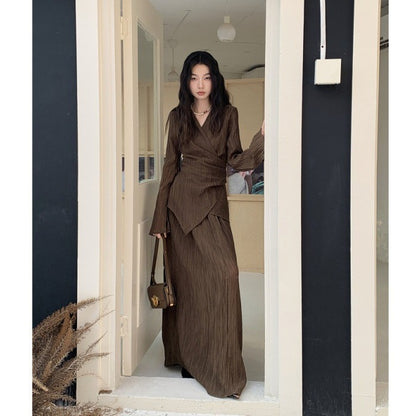 💃 Amsata– Ensemble Cardigan Plissé et Jupe Taille Haute