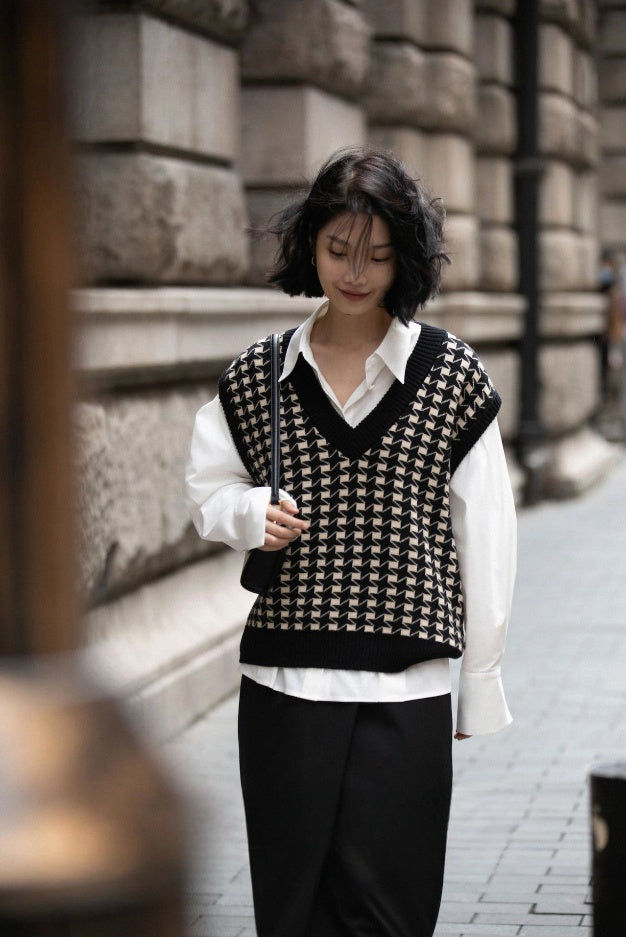🖤 Diarria – Gilet tricoté à carreaux pied-de-poule