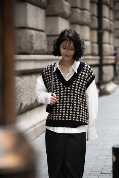 🖤 Diarria – Gilet tricoté à carreaux pied-de-poule