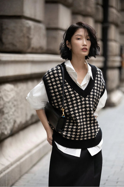 🖤 Diarria – Gilet tricoté à carreaux pied-de-poule