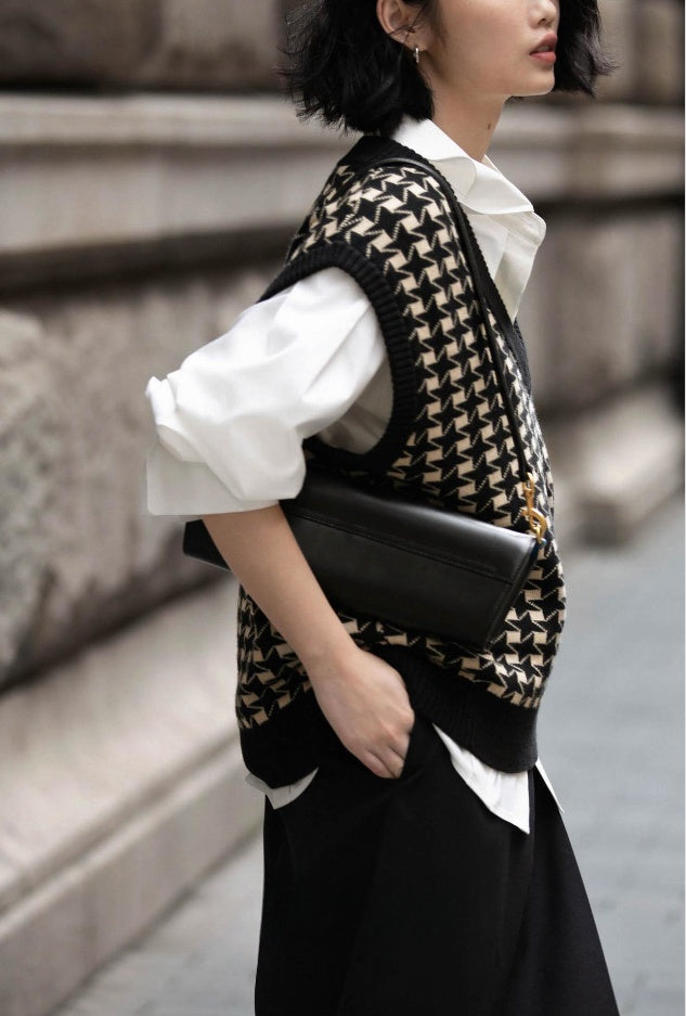 🖤 Diarria – Gilet tricoté à carreaux pied-de-poule