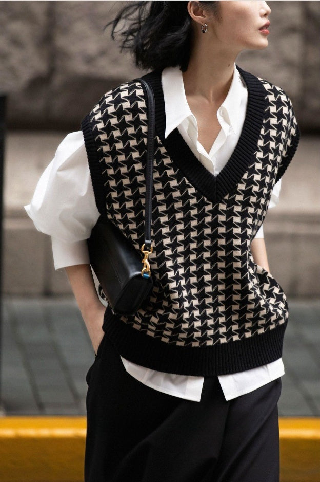 🖤 Diarria – Gilet tricoté à carreaux pied-de-poule