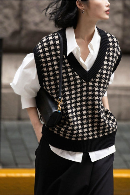 🖤 Diarria – Gilet tricoté à carreaux pied-de-poule