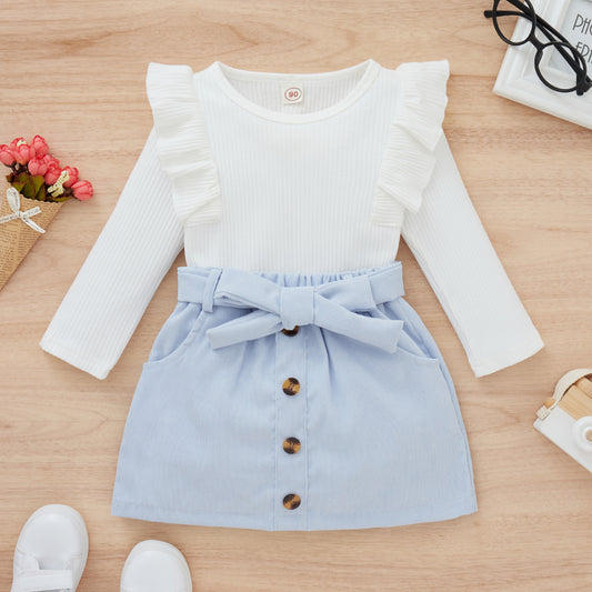 🎀 Ensemble Chic Fille – Haut Côtelé & Jupe Nœud