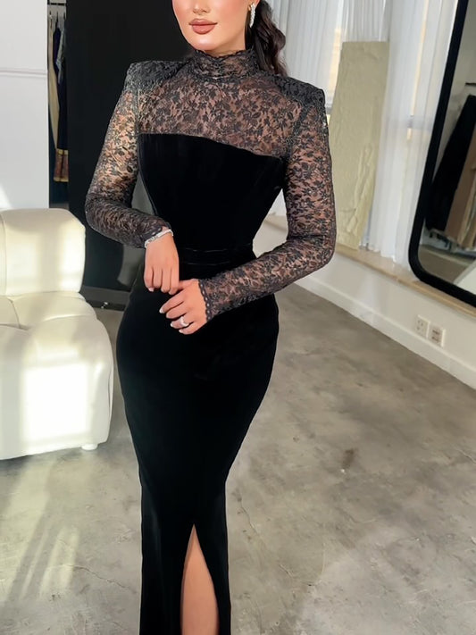 Ensemble Deux Pièces Robe Maxi Velours Dentelle Paillettes Noire