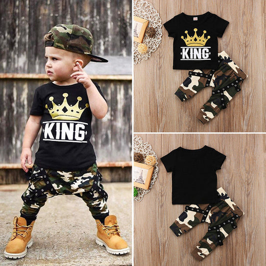 Summer Short-sleeved Black Top Casual Camouflage Pants Boys Suit