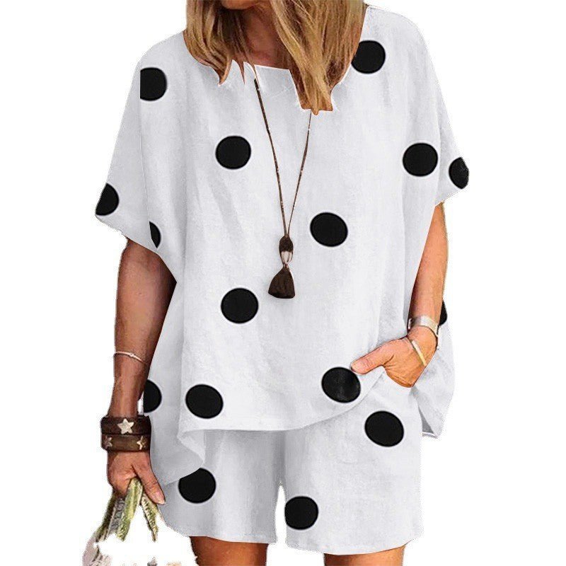 Women's Polka Dot Print Crew Neck Loose Short Sleeve Shorts Set
