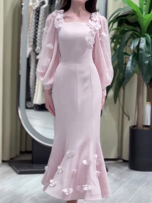 Robe Sirène Florale Manches Longues Rose