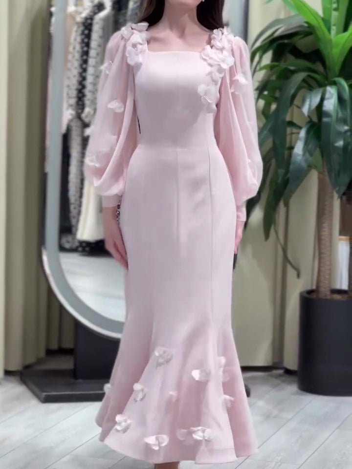 Robe Sirène Florale Manches Longues Rose