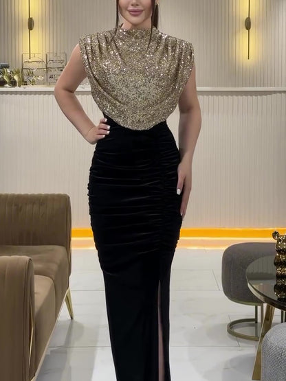 Robe Soirée Velours Sequins Fente Dorée
