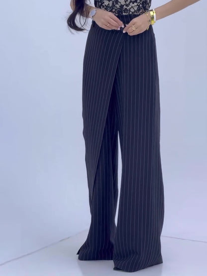 Pantalon Large Rayé Taille Haute Femme