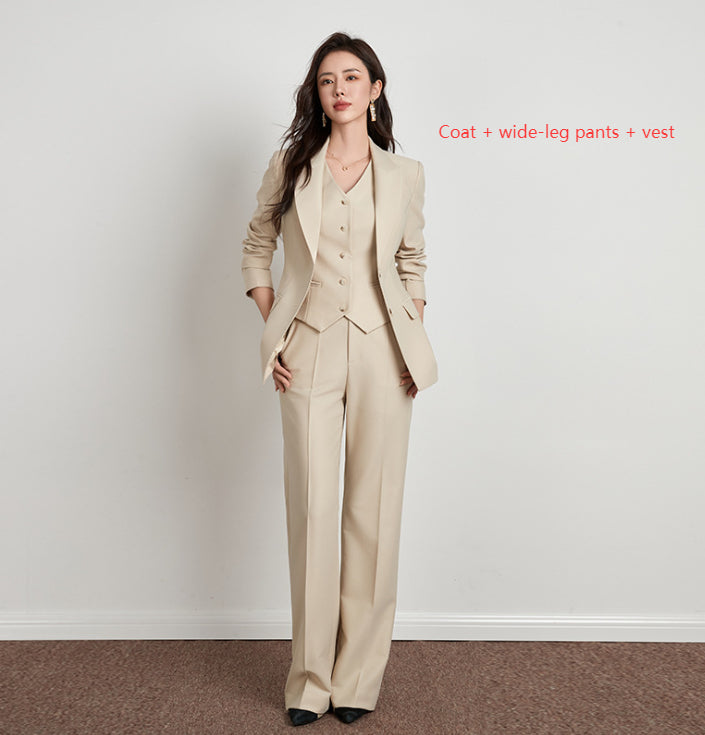 Ensemble Beige Style Britannique Pantalon Large Femme