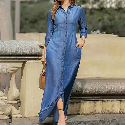 Robe longue en jean pour femme – Décontractée, boutonnée, manches longues, avec poches