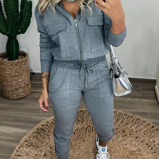 Women's New Solid Color Zipper Coat Elastic Waist Casual Pants Suit