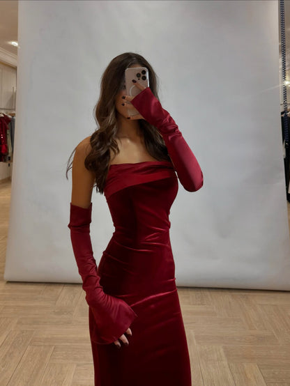 Robe Velours Bustier Bordeaux Longue