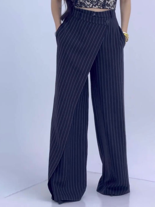 Pantalon Large Rayé Taille Haute Femme