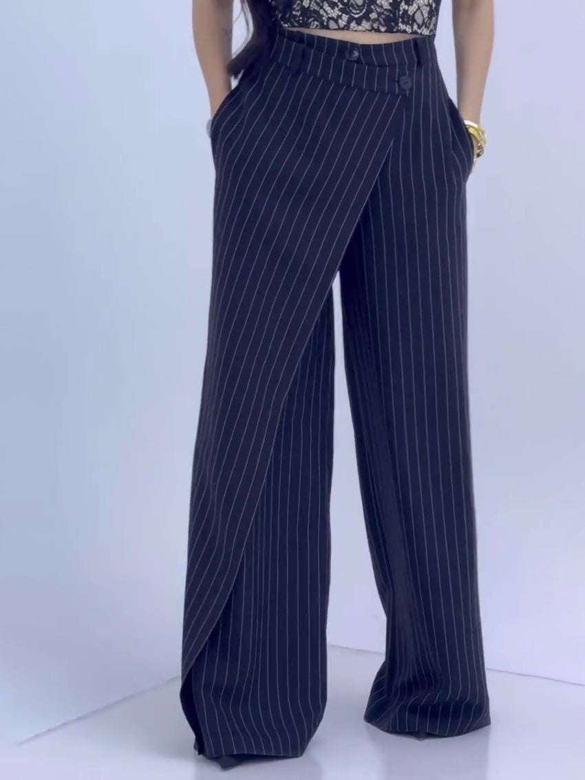 Pantalon Large Rayé Taille Haute Femme