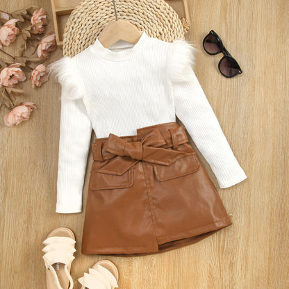 ❄️ Ensemble Douceur d’Hiver – Haut Coton & Jupe Simili Fille