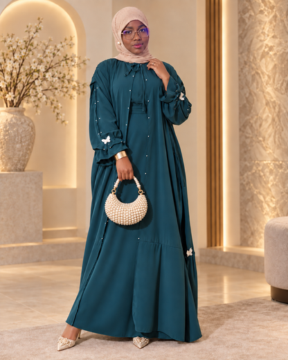 Maryam — Robe cape perlée aux papillons, Pétrole