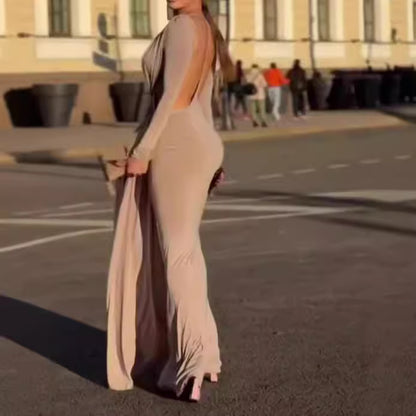 Robe Longue Slim Beige Femme