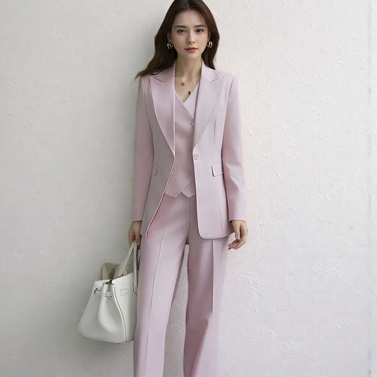 Ensemble 3 Pièces Tailleur Gilet Pantalon Rose Lotus
