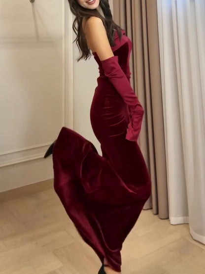 Robe Velours Bustier Bordeaux Longue