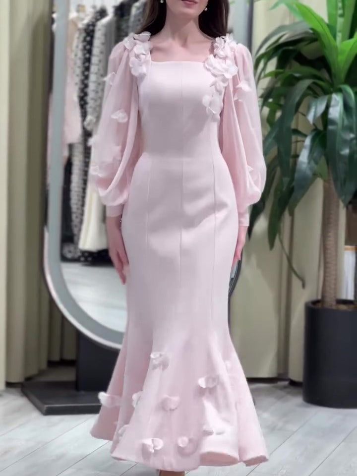 Robe Sirène Florale Manches Longues Rose