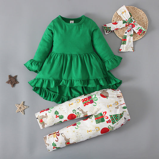 Girls' Long-sleeved Round Neck Cake Dress Christmas Printed Trousers Hair Band 3 Pieces Suit