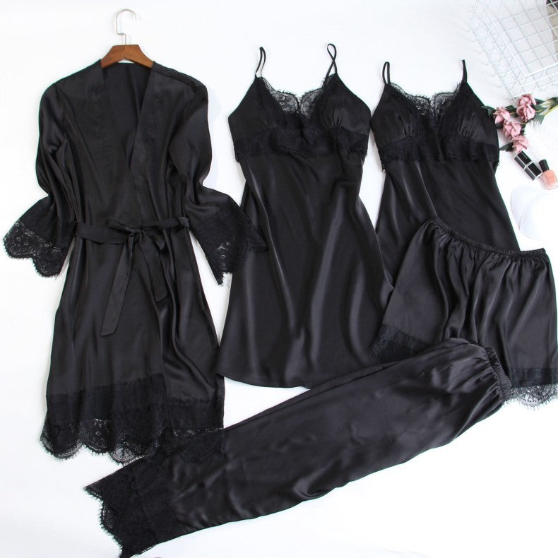 💞AMIRANA — 5 Pièces Soie Imitée et Dentelle Élégante