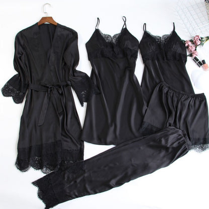 💞AMIRANA — 5 Pièces Soie Imitée et Dentelle Élégante