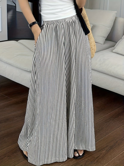 Leisure Striped Elastic Waist Wide-leg Draggle-tail Trousers