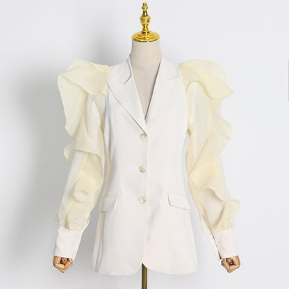 Personality Lapel Gauze Stitching Puff Sleeves High-quality Slim Suit Jacket