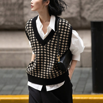 🖤 Diarria – Gilet tricoté à carreaux pied-de-poule