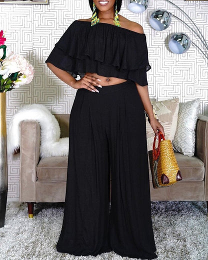 Women's Fashionable Off-neck Ruffle Top Wide-leg Pants Suit