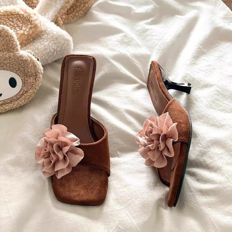 Mules Daim Floral Talon Carré
