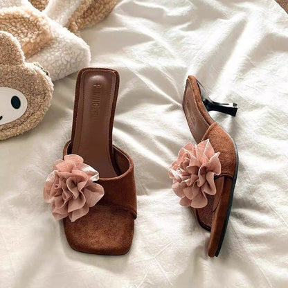 Mules Daim Floral Talon Carré