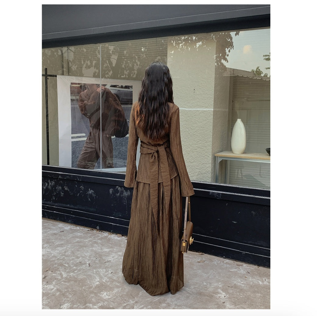 💃 Amsata– Ensemble Cardigan Plissé et Jupe Taille Haute