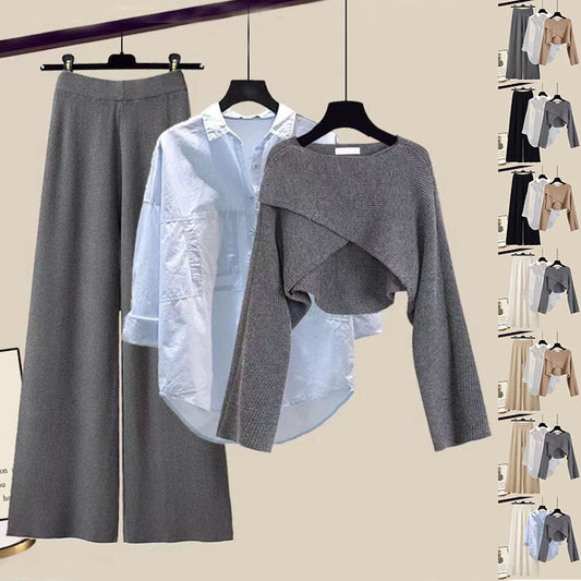 👑 Zeynab– Ensemble 3 Pièces Pull Tricoté, Chemis et Pantalon Large
