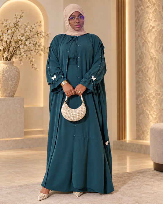 Maryam — Robe cape perlée aux papillons, Pétrole