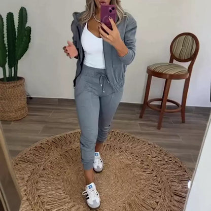 Women's New Solid Color Zipper Coat Elastic Waist Casual Pants Suit